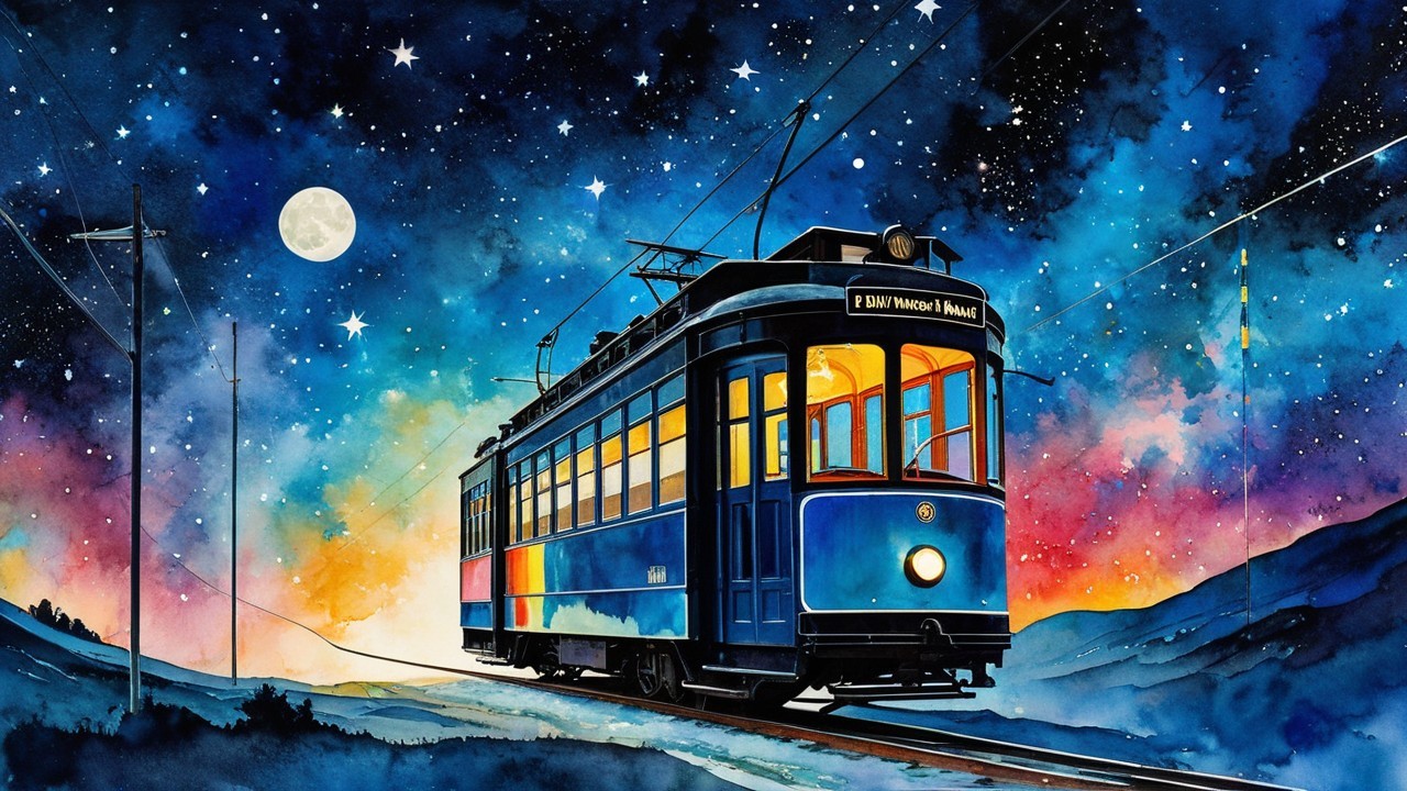 Watercolor Scene of Blue Tram Under Starry Night