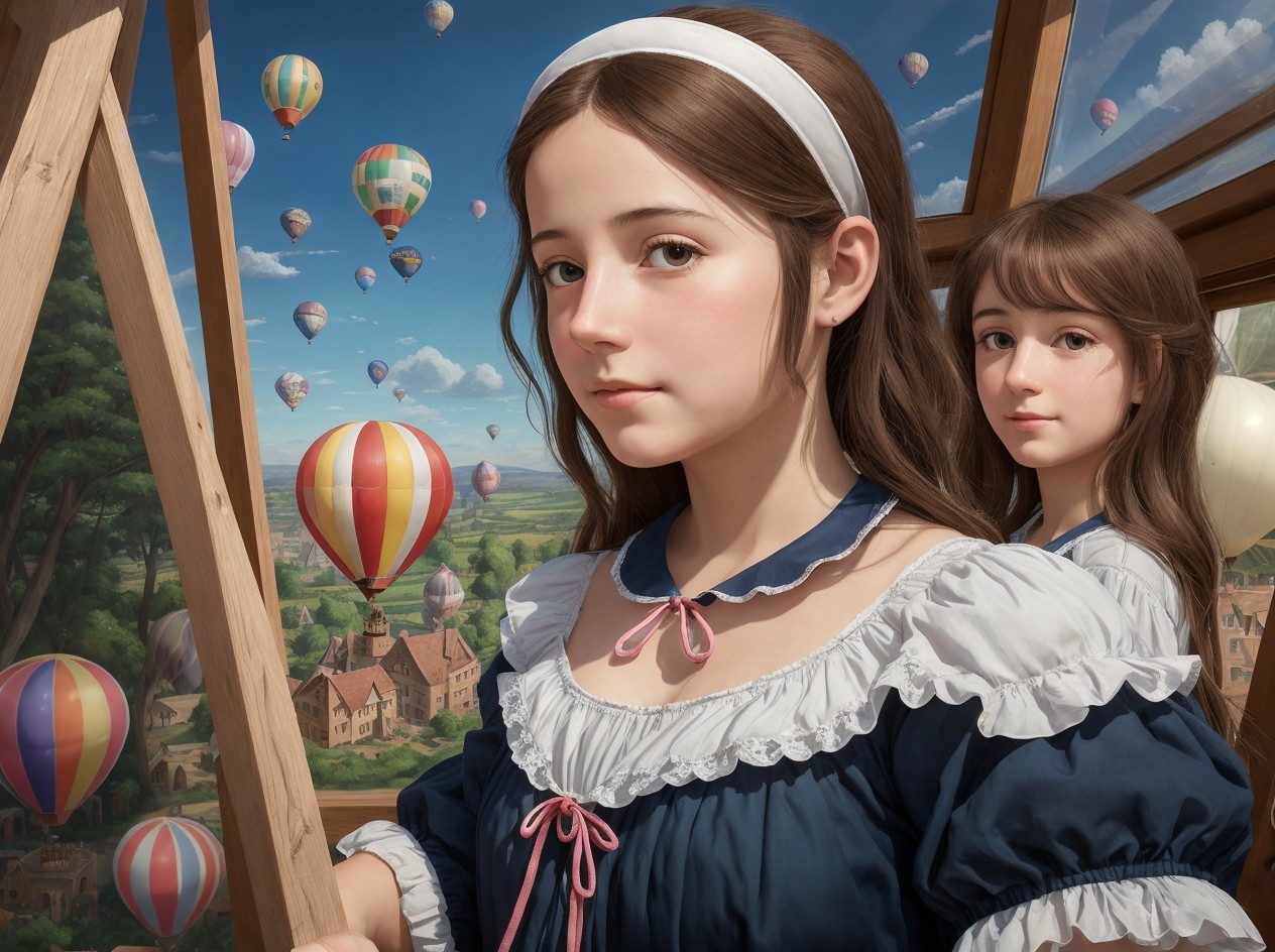 Young Girls Framed by Landscape View in Dark Blue Dress