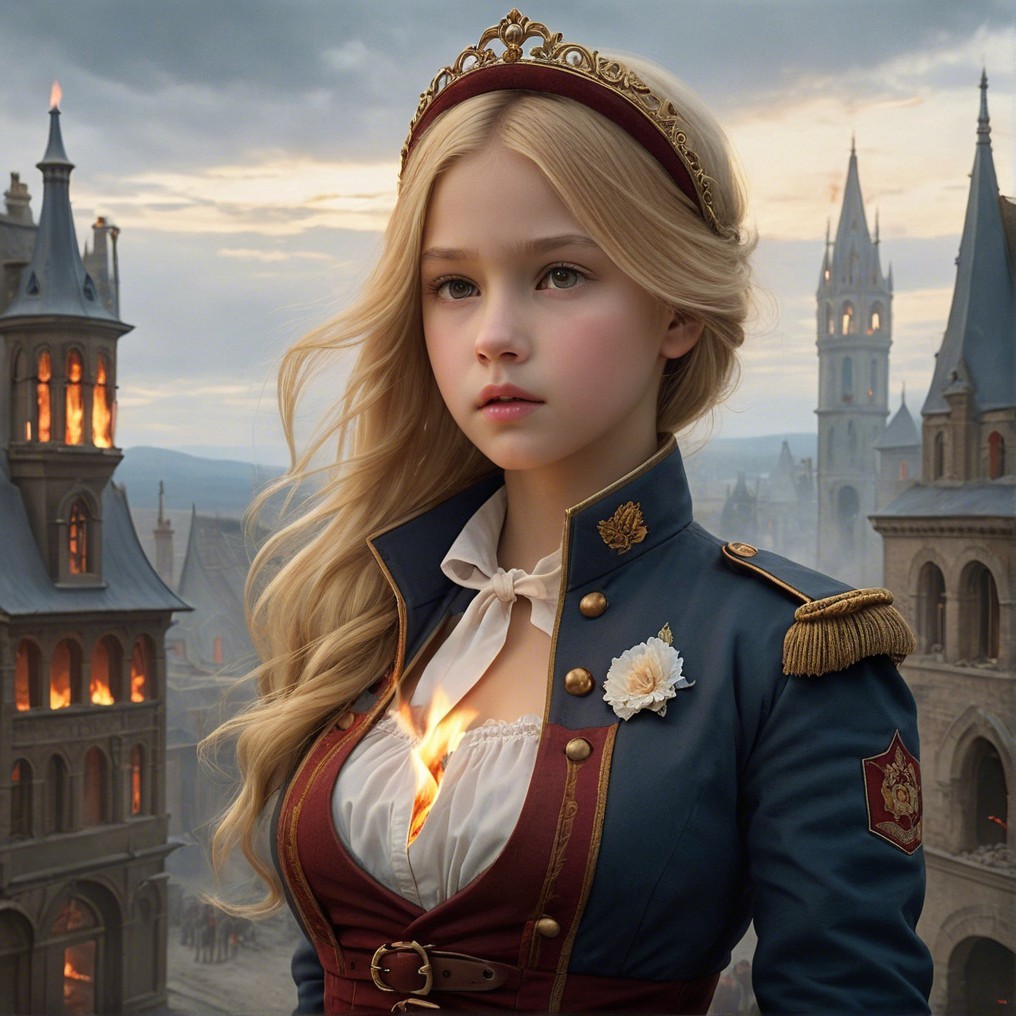 Young girl in military uniform in medieval fantasy setting