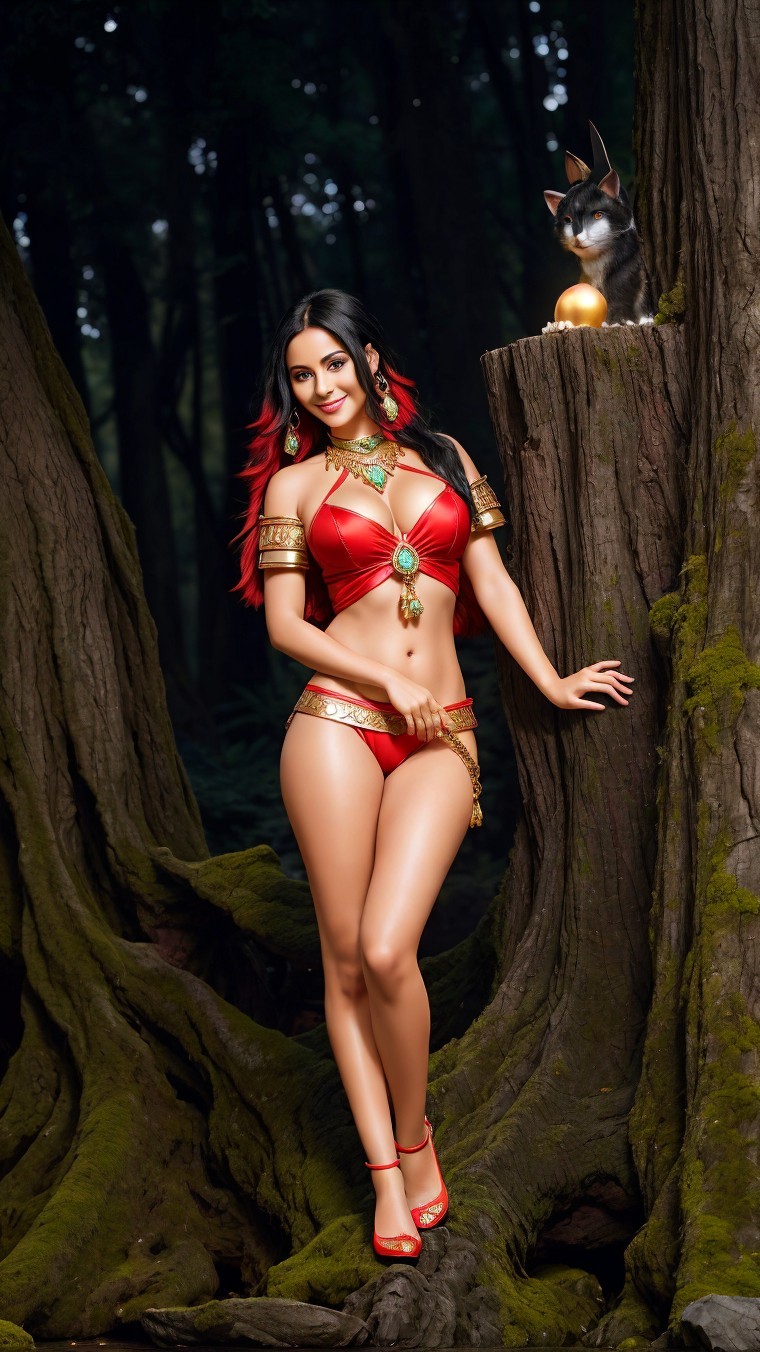 Confident Figure in Red Outfit by Lush Forest Tree