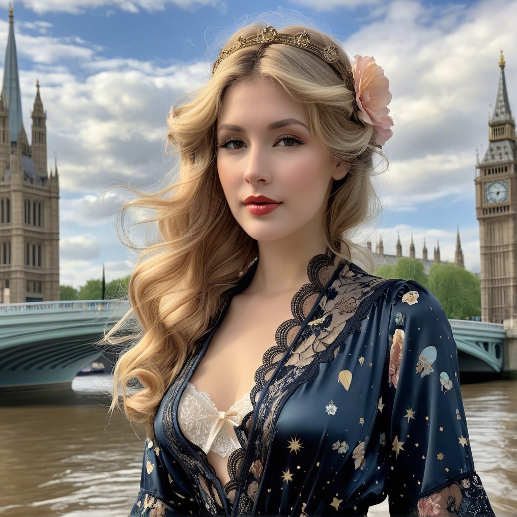 Young Woman in Floral Gown by River Thames and Big Ben