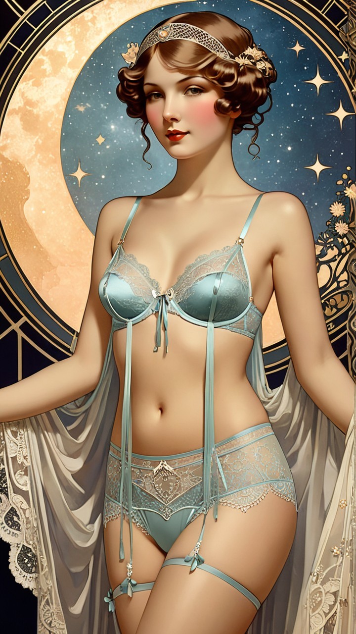 Elegant Woman in Blue Lingerie Against Starry Sky