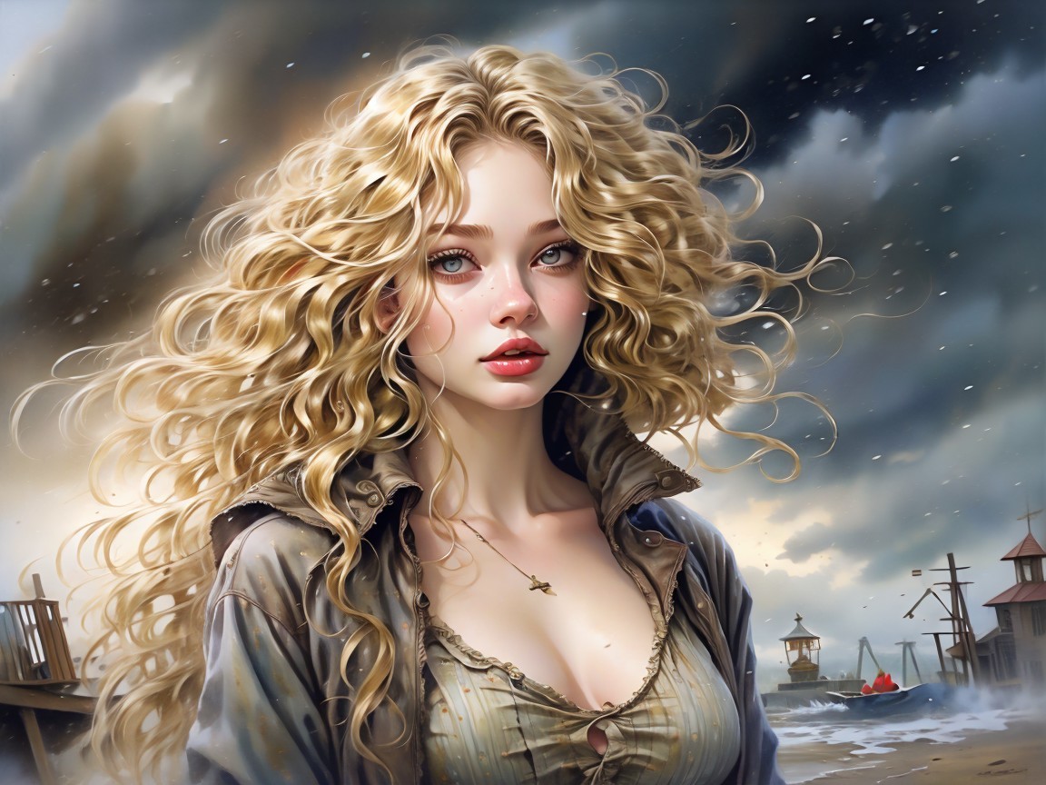 Young Woman on Windswept Shore with Stormy Sky