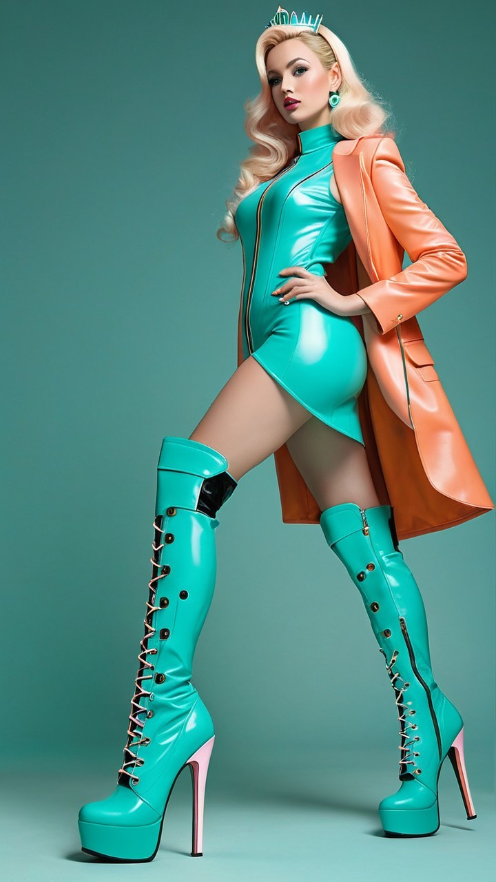 Model in Turquoise Dress with Orange Coat and Accessories