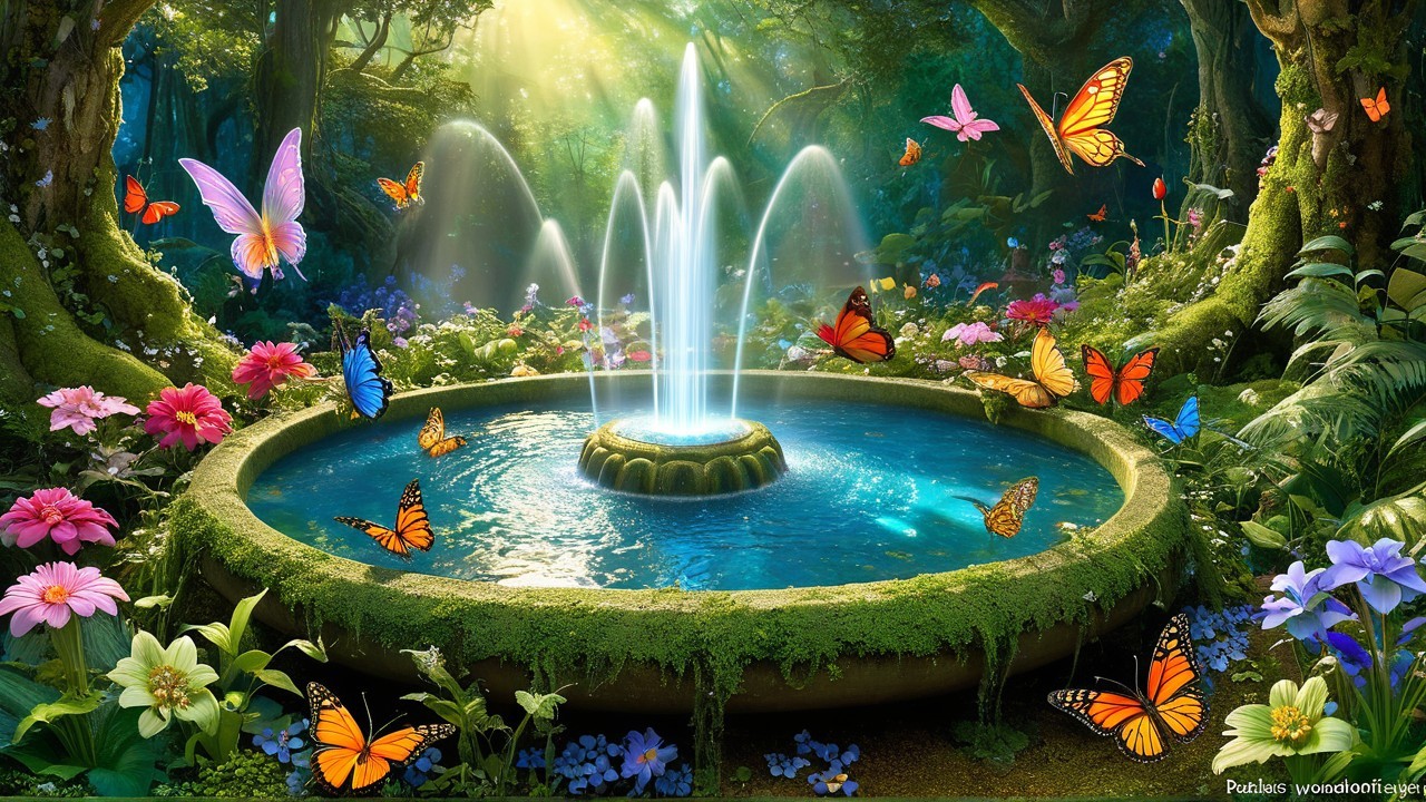 Woodland Scene with Fountain and Vibrant Flowers