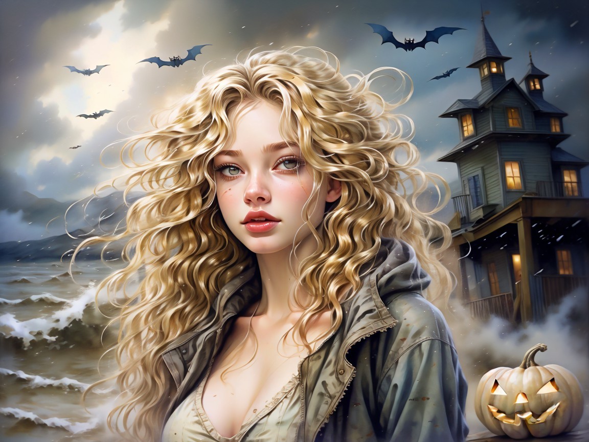 Young woman in stormy Halloween-themed landscape