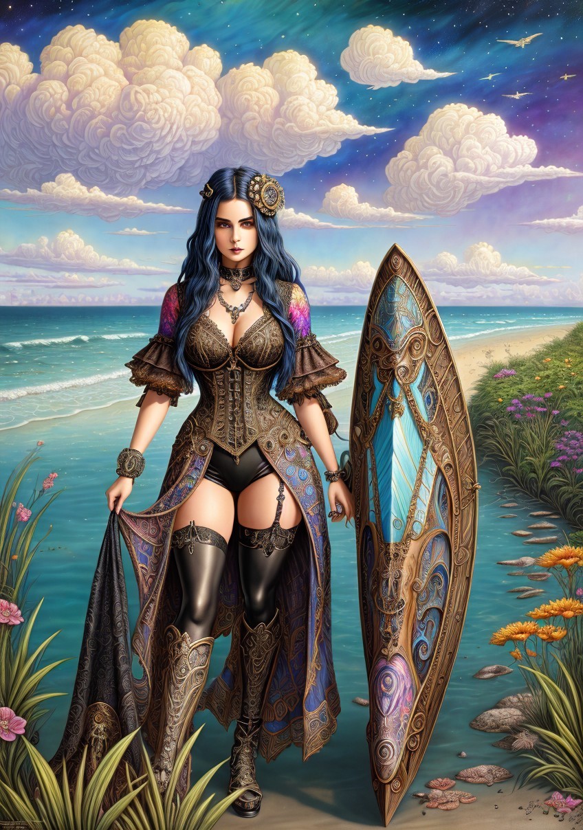 Mystical Warrior by the Shore with Vibrant Sky