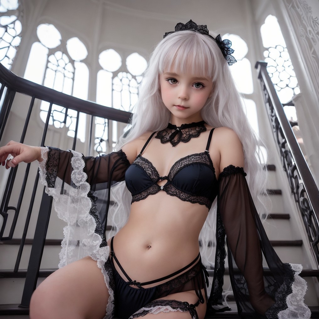 Young woman in black lingerie on ornate staircase