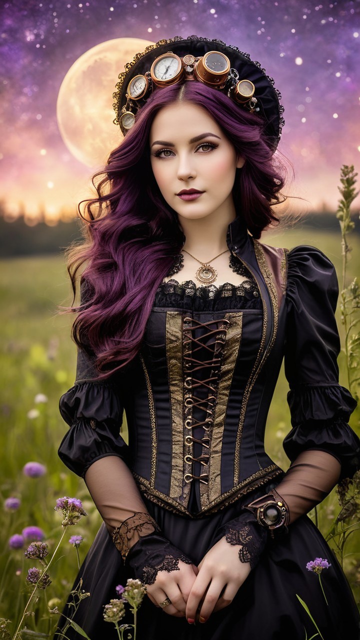 Young woman in black corset in vibrant field at night