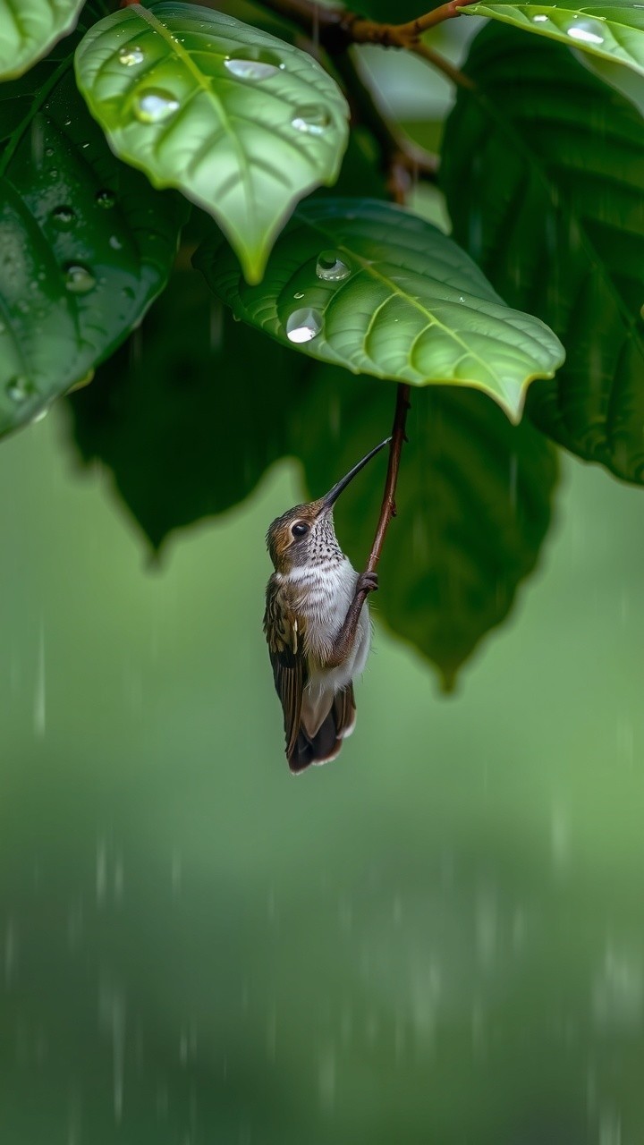 Hummingbird on Leaf in Tropical Paradise Setting