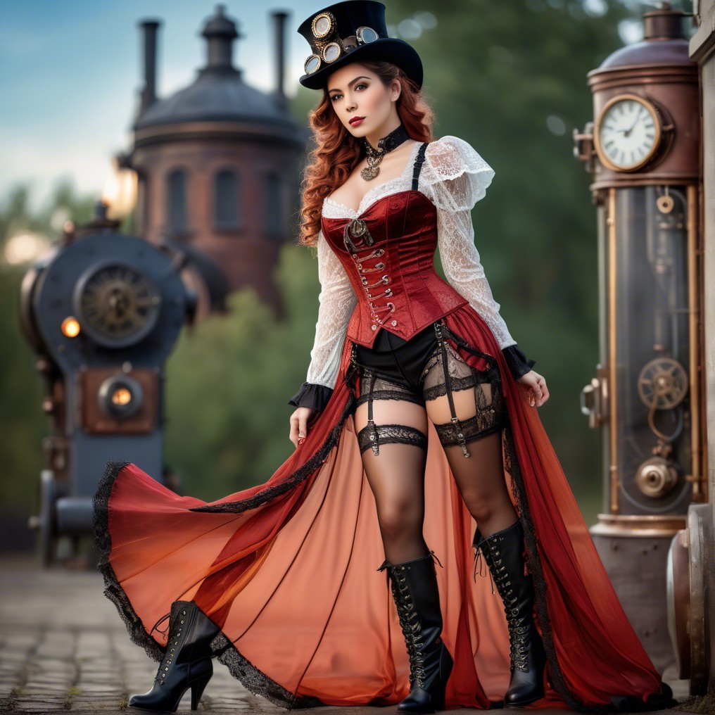 Steampunk Woman in Red Corset and Vintage Setting