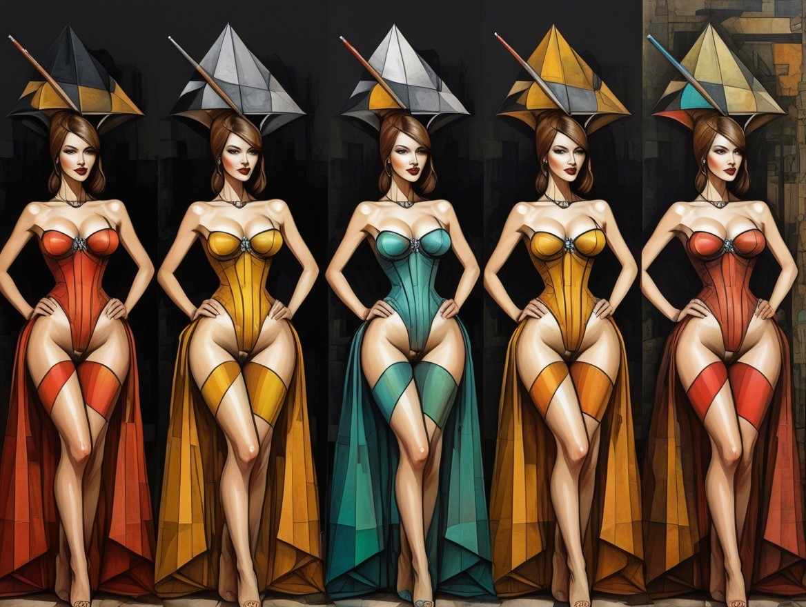 Stylized female figures in vibrant outfits and paper hats