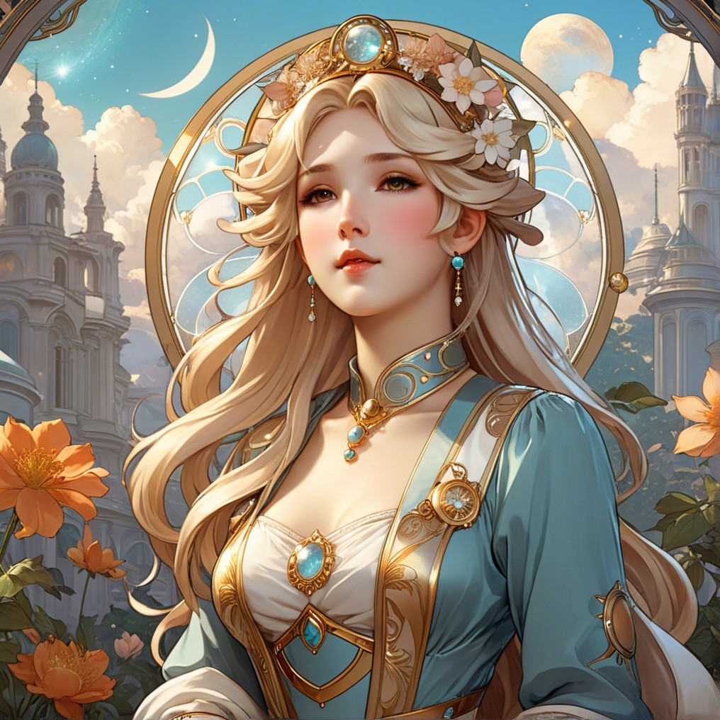 Young Woman in Ornate Dress in Dreamy Landscape