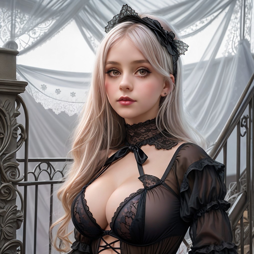 Young woman in sheer black lace outfit with ruffles