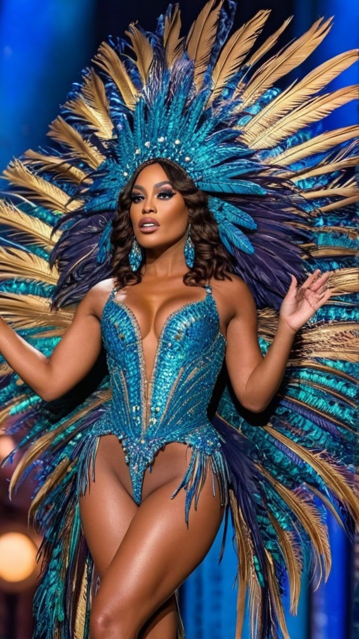Elaborate Costume with Beads and Feathers in Blue Gold