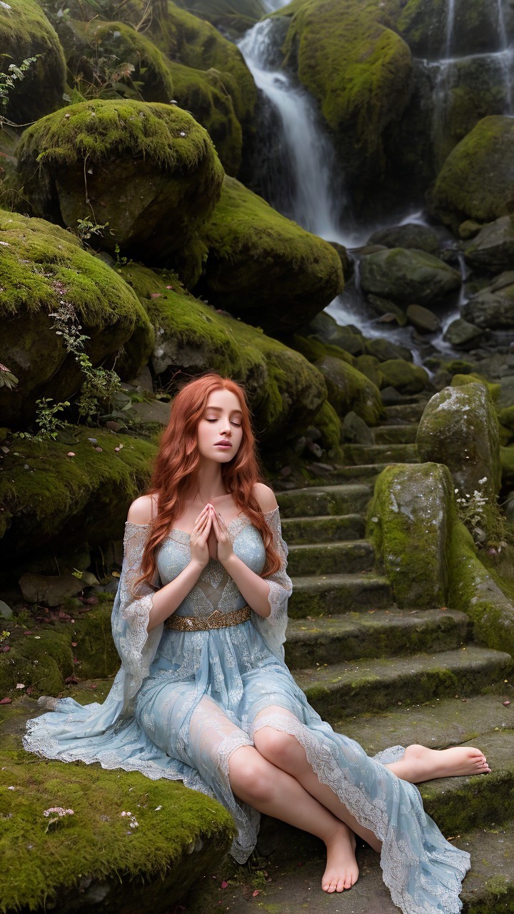 Serene young woman in lace dress by a waterfall