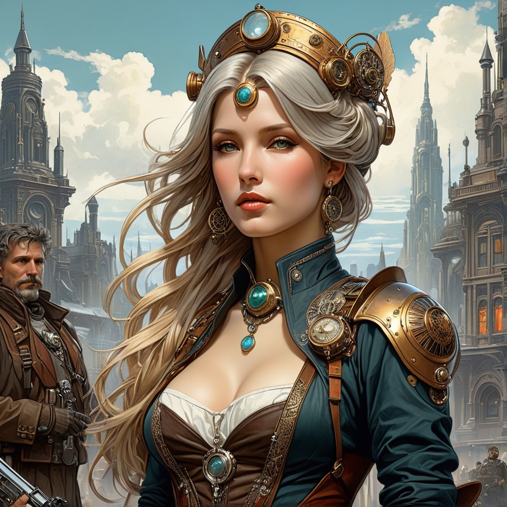 Fantasy Scene with Steampunk Woman in Cityscape