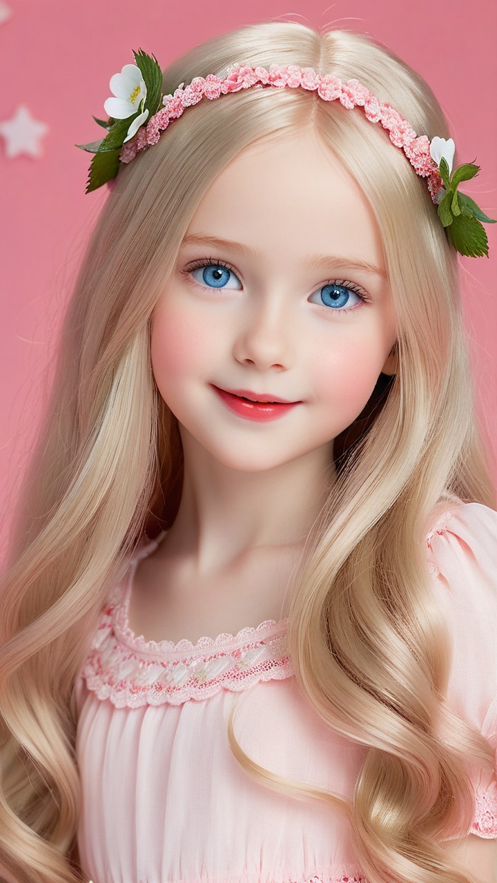 Young girl with blonde hair in pink dress and floral headband