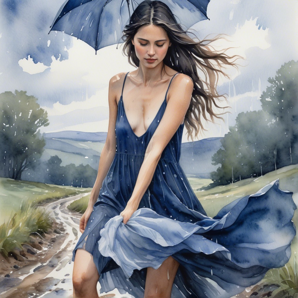 Woman in Blue Dress in Rainy Lush Landscape
