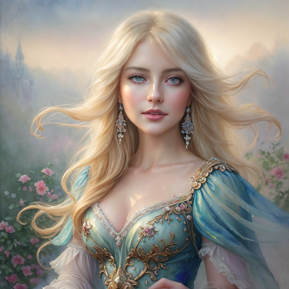 Serene Young Woman in Elegant Blue Gown and Castle Background