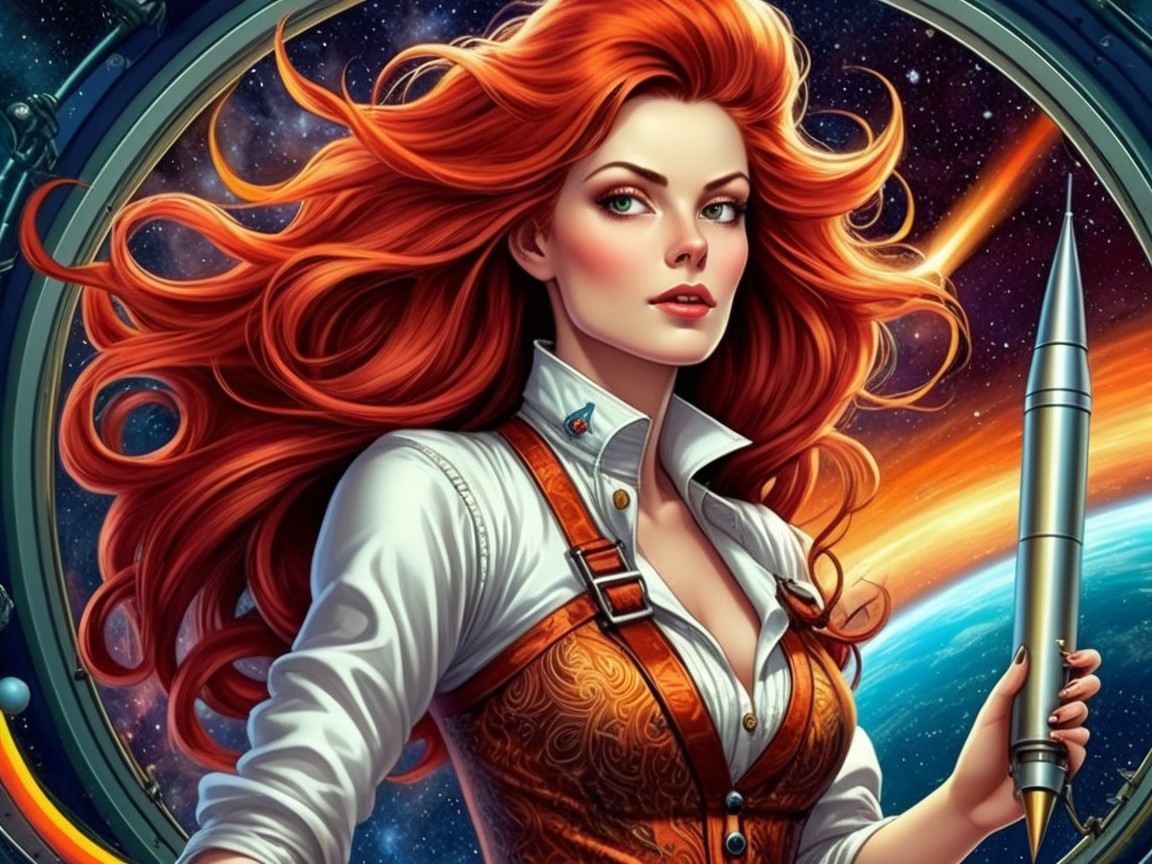 Vibrant digital painting of a confident red-haired woman