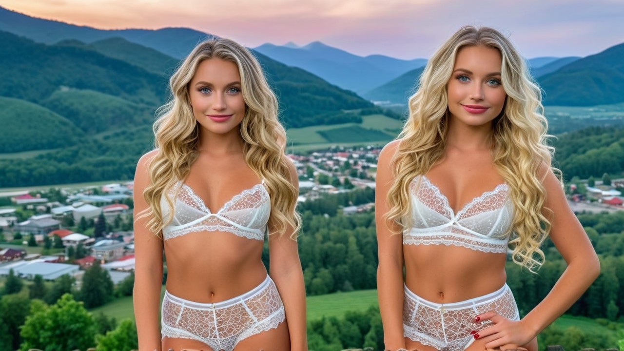 Two Women in White Lace Lingerie Amid Scenic Landscape