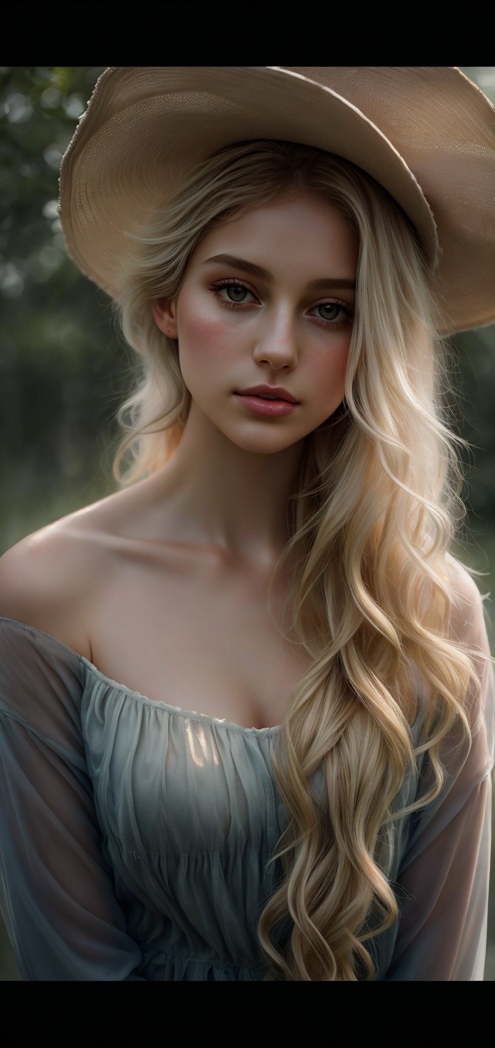 Young woman in blue dress with hat outdoors