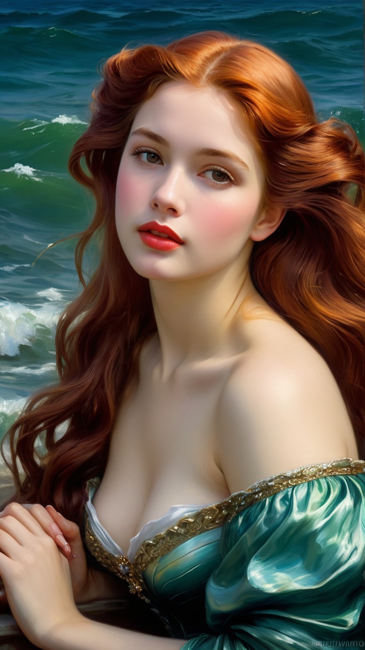 Young Woman in Sea-Green Gown by Ocean Waves