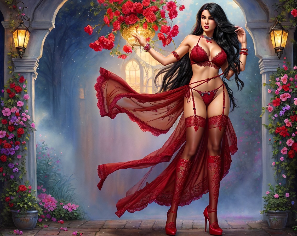 Vibrant Flower Archway with Figure in Red Lingerie