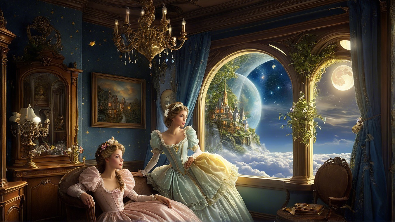 Vintage Decor with Women in Elegant Gowns by Window