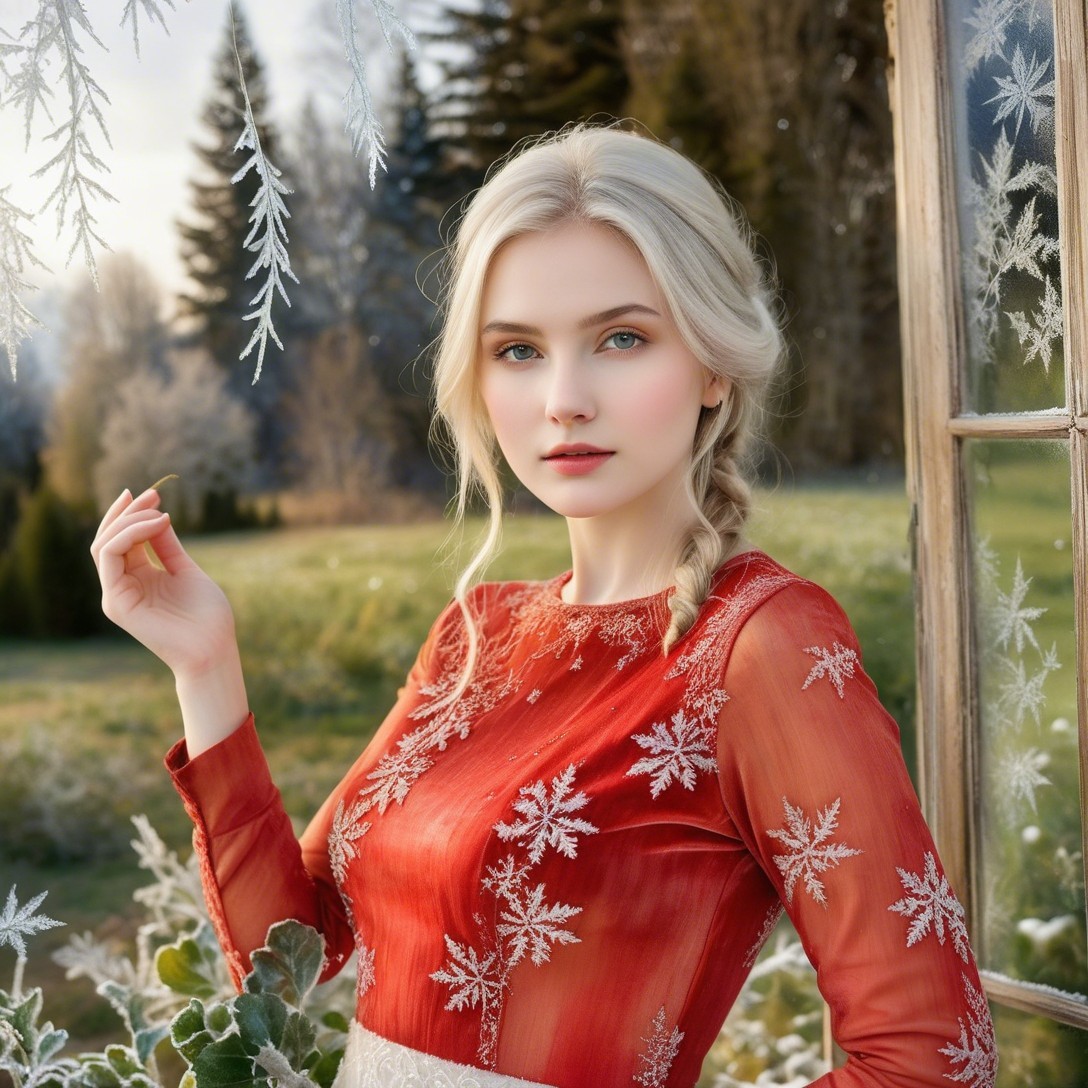 Portrait of a Woman in Red Dress with Snowflakes