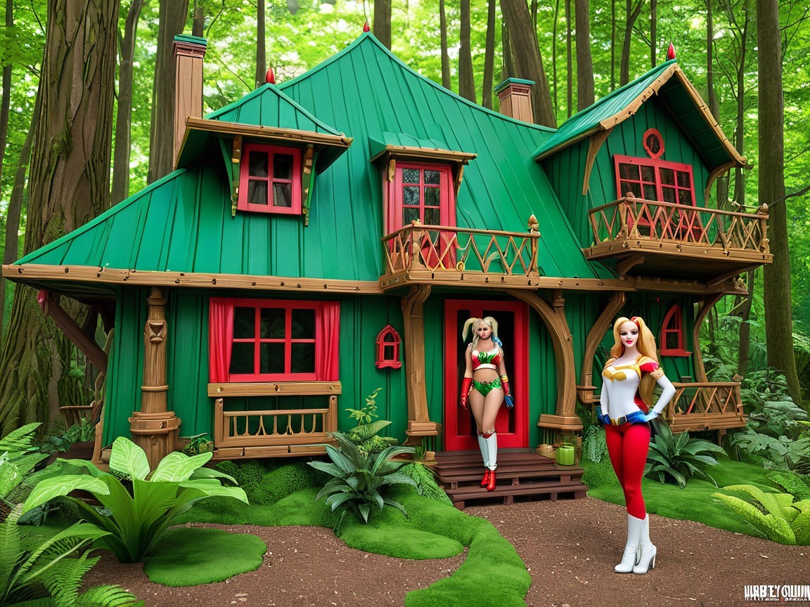 Vibrant Green Cottage in Lush Forest with Figures