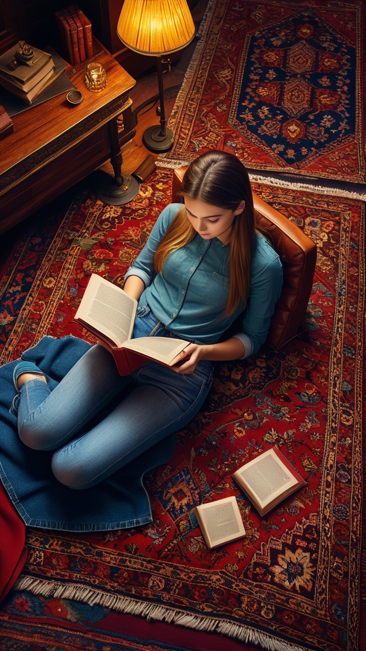 Young Woman Reading on a Cozy Rug with Books