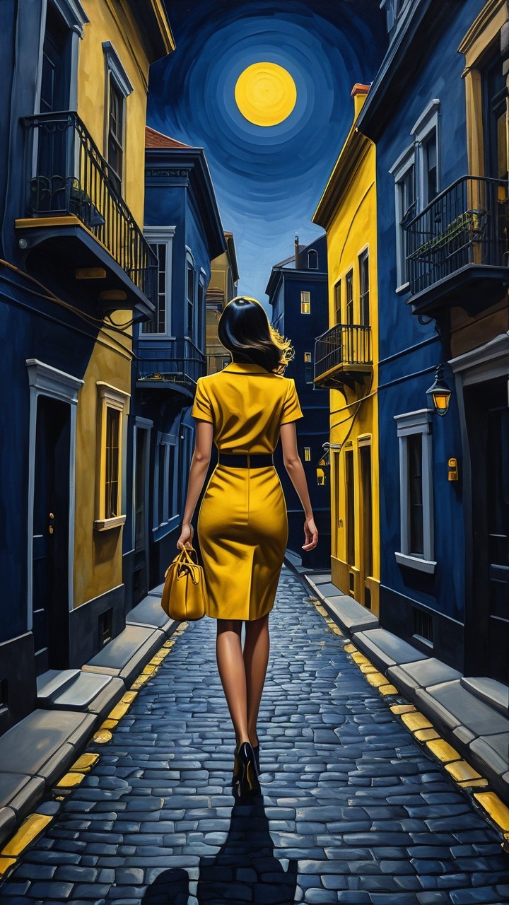Woman in Yellow Dress on Cobblestone Street at Night