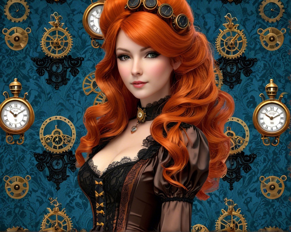 Steampunk Woman in Dark Gown with Orange Hair