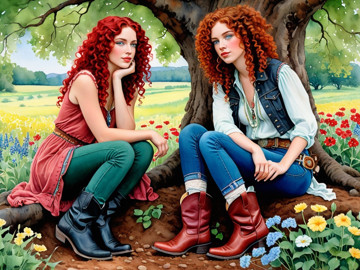 Young women with red hair in a flower-filled meadow