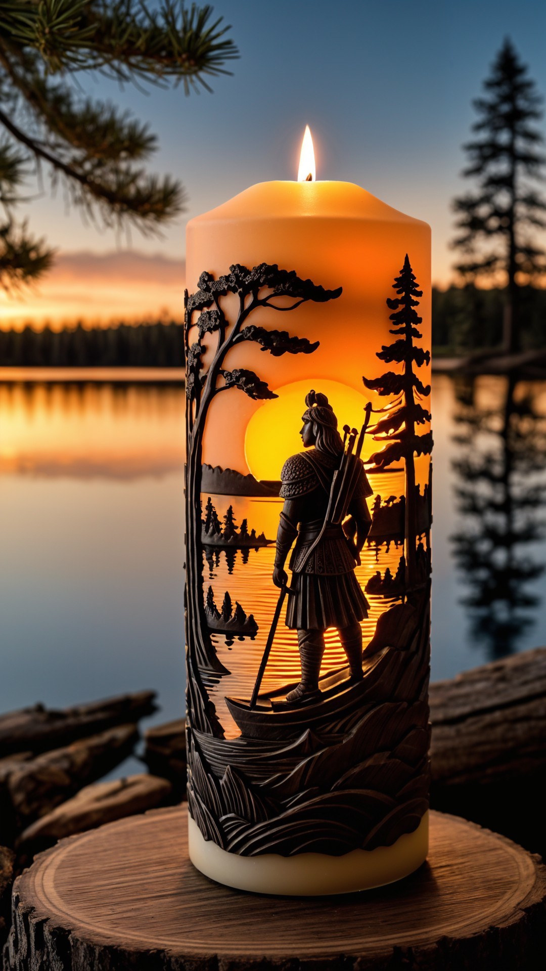 Carved Candle Depicting Warrior by Serene Lake at Sunset