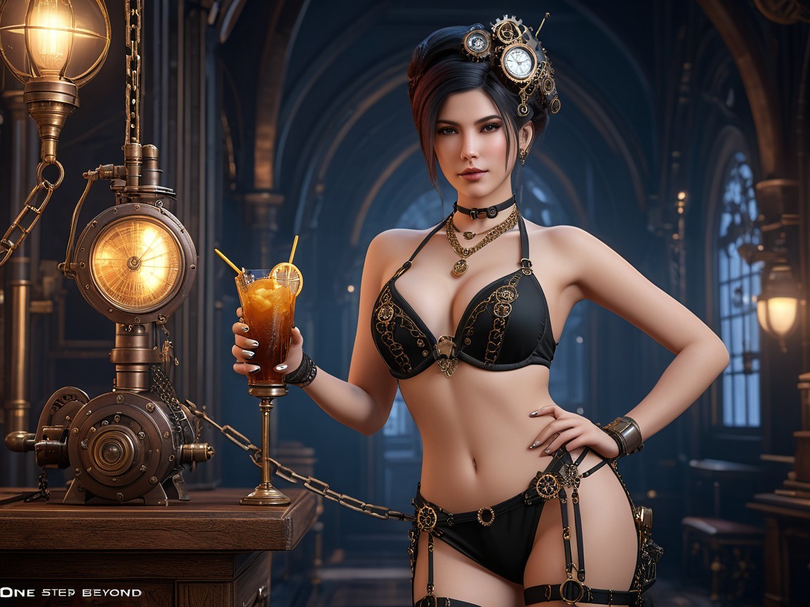 Steampunk Woman in Chic Bikini at Vintage Bar