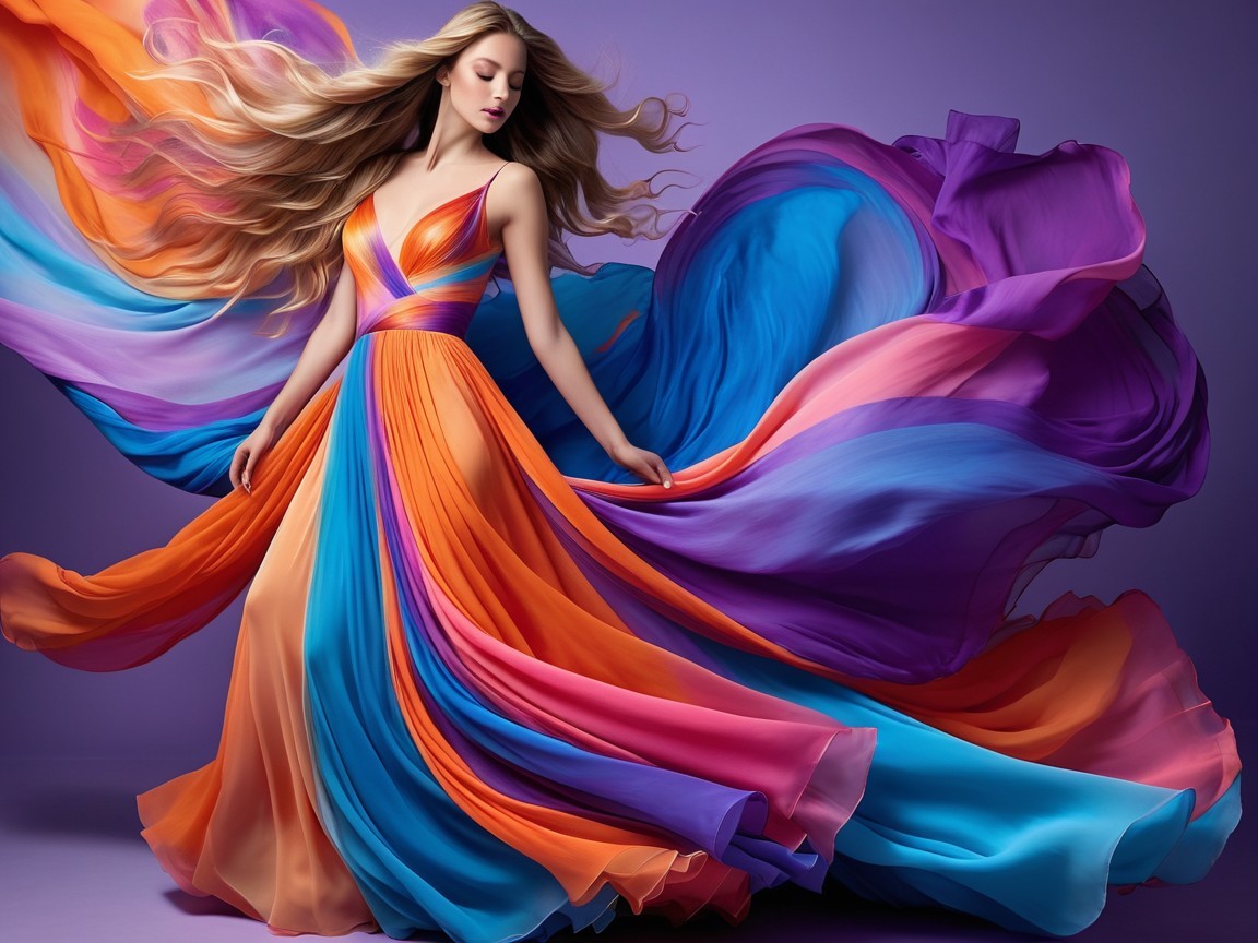 Model in Multicolored Gown Against Purple Gradient