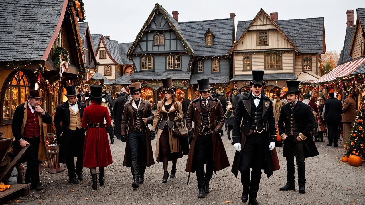Victorian-era outdoor market in a decorated village