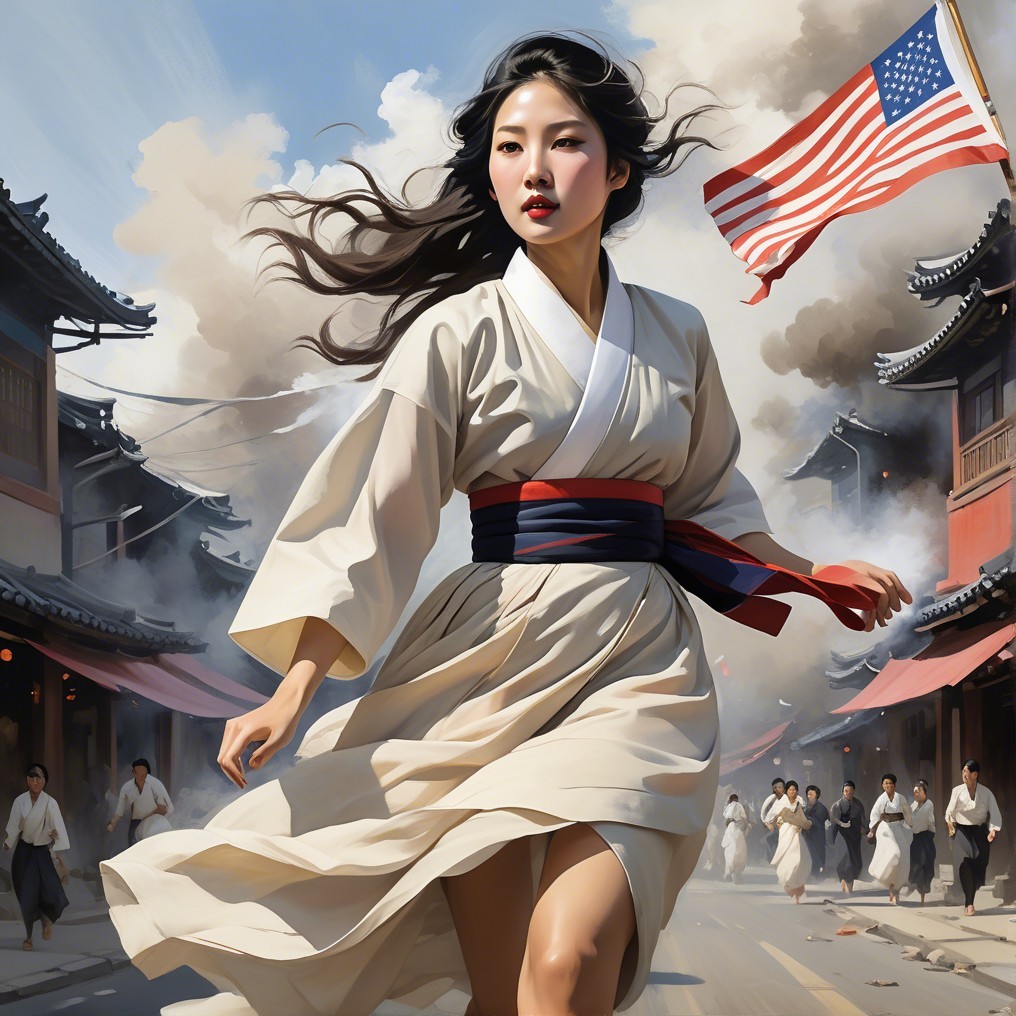Woman in Traditional Outfit Amidst Bustling Street Scene