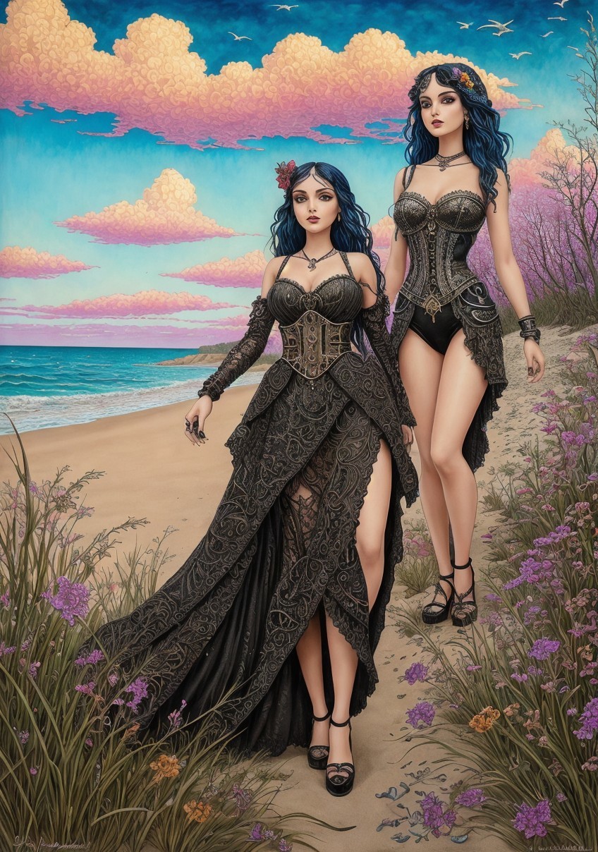 Elegant Figures in Corsets on a Scenic Beach