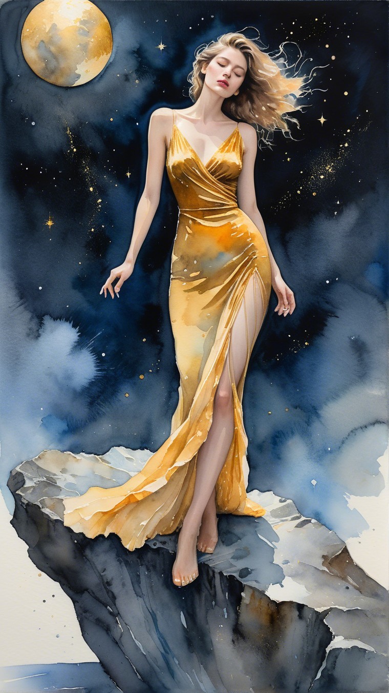 Woman in Golden Dress Against Starry Night Sky