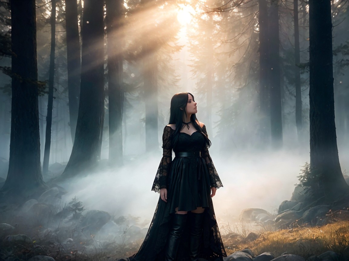 Mysterious Figure in Misty Forest with Ethereal Light