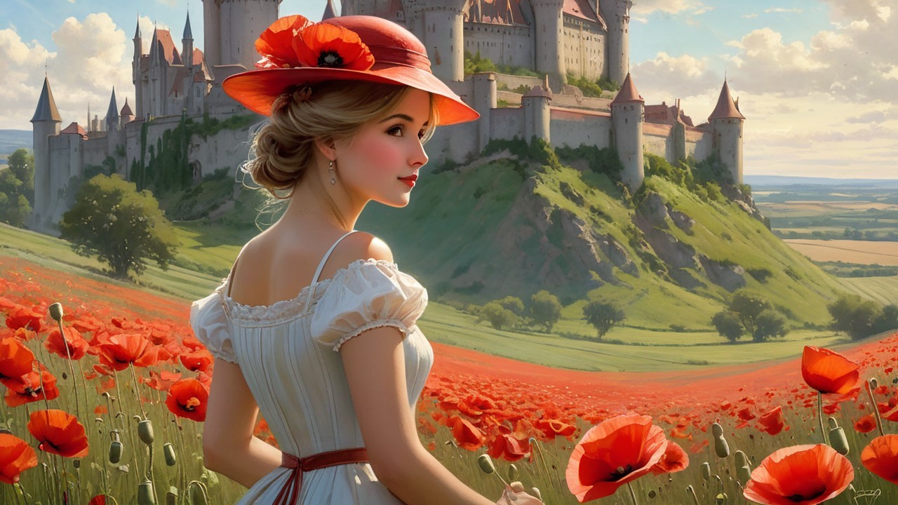 Young Woman in Poppy Field with Castle Background