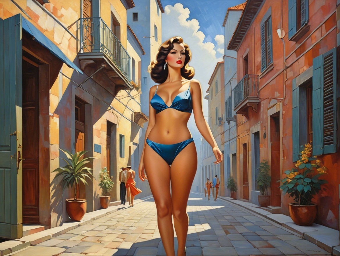 Glamorous Woman in Blue Bikini on Sunlit Street