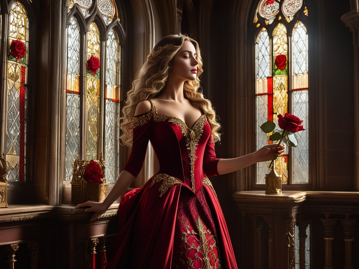 Elegant Woman in Red Gown in Historic Room