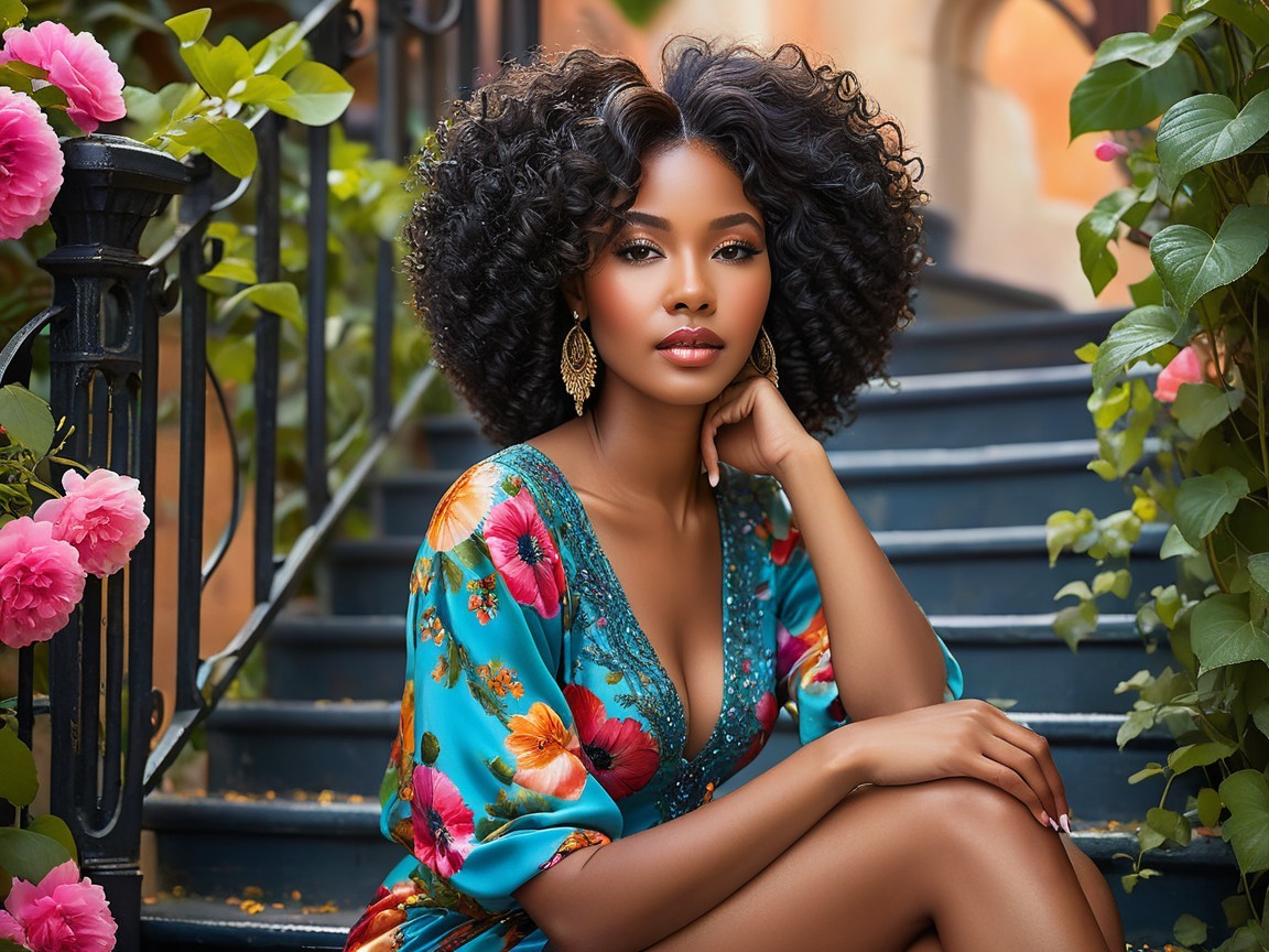 Young woman in floral robe on a floral staircase