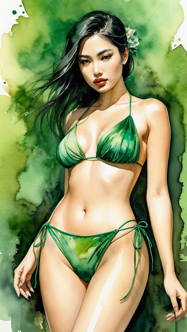 Watercolor Illustration of Woman in Green Bikini
