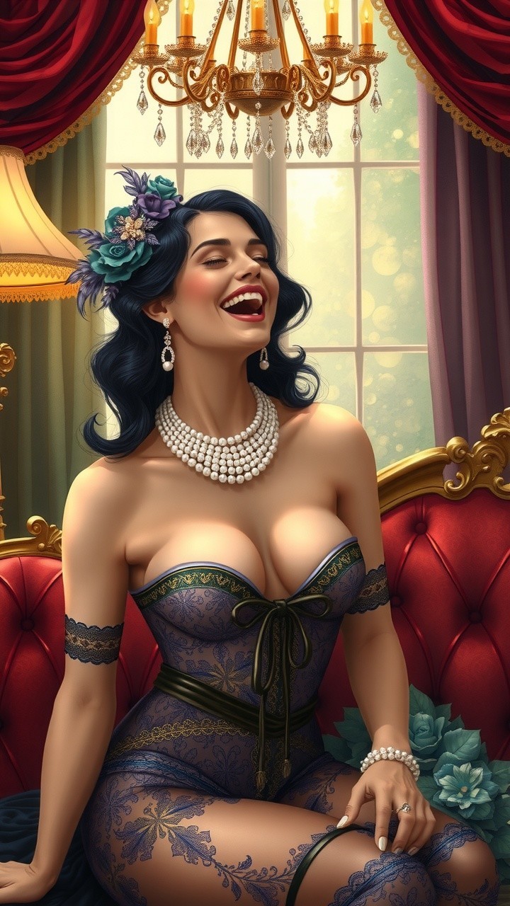 Glamorous Woman in Lace Lingerie on Velvet Sofa